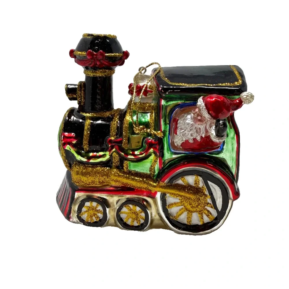 Hand Blown Glass Santa Train Christmas Ornament Holiday Decor 3.75x4